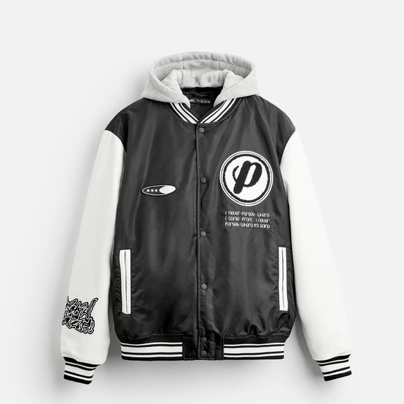NEW! Zara Black and White Varsity Jacket with Hoodie - Picture 3 of 12
